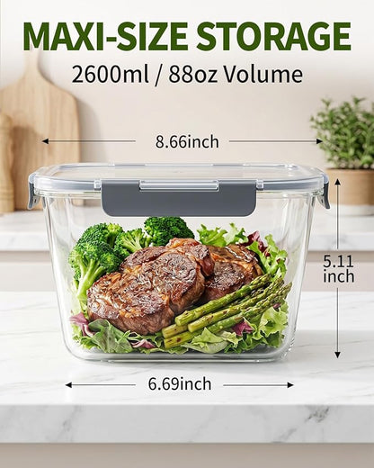 2 Pack 88oz/11 Cups Large Glass Storage Containers with Lids, High Borosilicate BPA Free Airtight Leakproof Meal Prep Containers for Microwave, Freezer & Dishwasher, Kitchen, Gym & Picnic,Baking