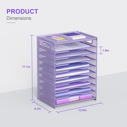 OUTWOLF 10 Tier Paper Organizer - Letter Tray Mesh Desk File Organizer with Handles for Office School Desktop, Purple