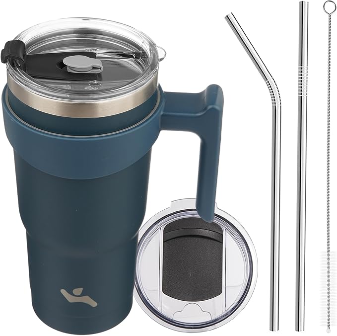 20 oz Tumbler with Handle and 2 Straw 2 Lid, Insulated Water Bottle Stainless Steel Vacuum Cup Reusable Travel Mug, Navy Blue