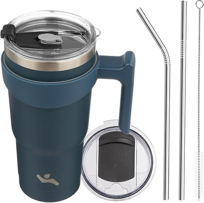20 oz Tumbler with Handle and 2 Straw 2 Lid, Insulated Water Bottle Stainless Steel Vacuum Cup Reusable Travel Mug, Navy Blue