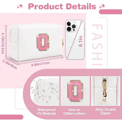 Small Initial Patch Makeup Bag Personalized Gifts Make Up Bag,White Cute PU Leather Glitter Letter Cosmetic Bag with Zipper,Trendy Portable Travel Toiletry Pouch,Preppy Stuff for Teen Girls Women O