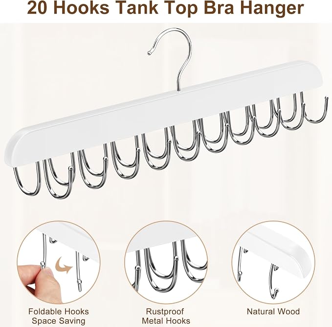 Resovo Bra Hanger for Closet, Tank Top Hanger 20 Hooks Capacity Foldable Wood Space Saving Hangers Closet Organizers and Storage for Dorm & Apartment for Tank Top, Bra, Scarf