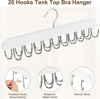 Resovo Bra Hanger for Closet, Tank Top Hanger 20 Hooks Capacity Foldable Wood Space Saving Hangers Closet Organizers and Storage for Dorm & Apartment for Tank Top, Bra, Scarf