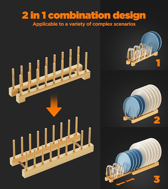 Bamboo Dish Drying Rack Set of 2, Adjustable Plate Organizer for Cabinet, Space-Saving for Plates, Bowls, Cups, Pot Lids & Cutting Boards, Vertical Bamboo Plate Holder Rack Dish Organizer