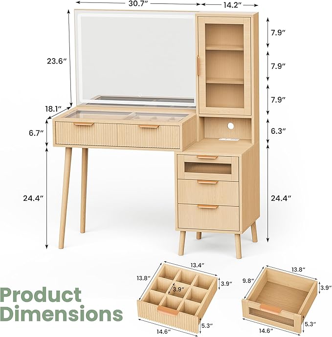 Fluted Vanity Desk with Mirror and Lights, Glass Top Makeup Vanity with 5 Drawers and Glass Door Cabinet,9-Grid Organizer, Charging Station, Lighting Adjustable Dressing Table, Natural Oak