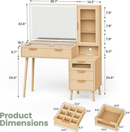 Fluted Vanity Desk with Mirror and Lights, Glass Top Makeup Vanity with 5 Drawers and Glass Door Cabinet,9-Grid Organizer, Charging Station, Lighting Adjustable Dressing Table, Natural Oak