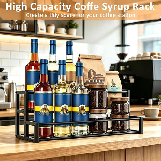Expandable Coffee Syrup Organizer, 6-12 Bottles Syrup Rack, Coffee Bar Organizer, Adjustable Width for Coffee Bar Storage Shelves for Syrup, Wine, Dressing