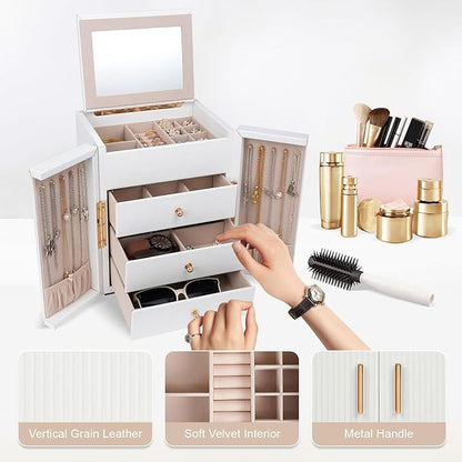 Dajasan Large Jewelry Box for Women, Jewelry Holder Organizer Box with 3 Drawers, 4-Tier Jewelry Storage Organizer with Mirror for Necklace Ring Bracelet Watch, Gift Idea (White)