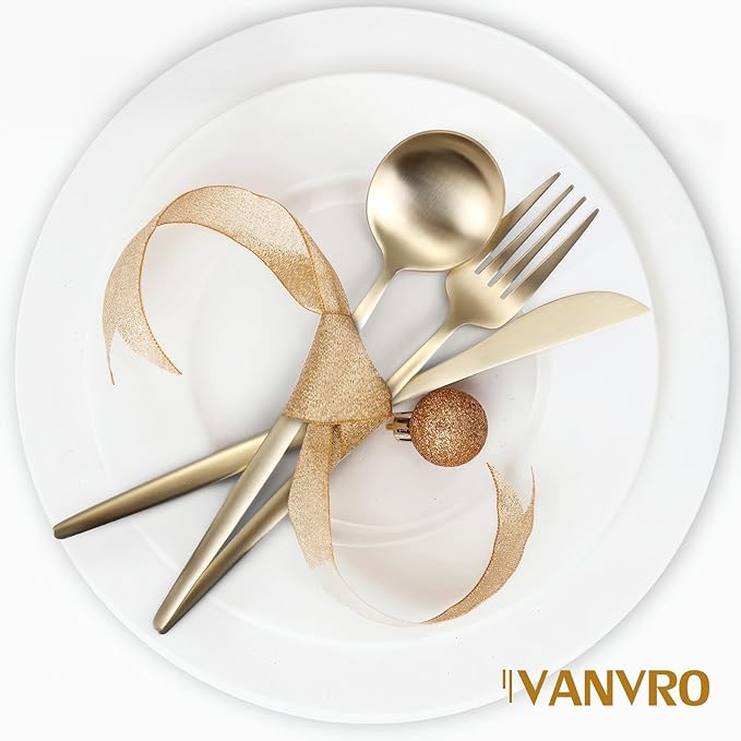 VANVRO Champagne Gold Silverware Set, 60-Piece Stainless Steel Flatware set,Matte Silverware Sets Service for 12, Tableware Cutlery Satin Finish Utensils for Kitchen,Dishwasher Safe