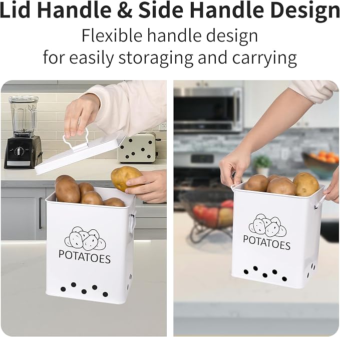 Potato and Onion Storage Bin, Set of 2 Vegetable Storage Tins with Metal Lids & Side Handles, Dual-row Ventilation Holes, Farmhouse Metal Kitchen Canisters Sets, White