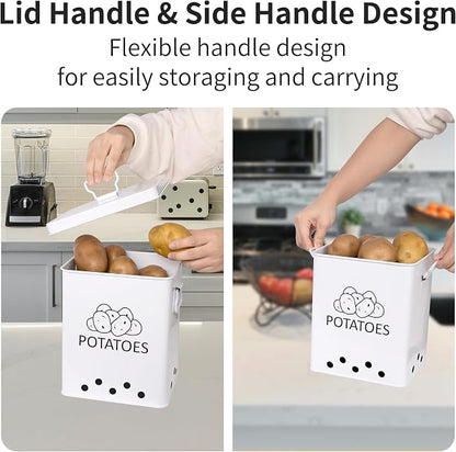 Potato and Onion Storage Bin, Set of 2 Vegetable Storage Tins with Metal Lids & Side Handles, Dual-row Ventilation Holes, Farmhouse Metal Kitchen Canisters Sets, White