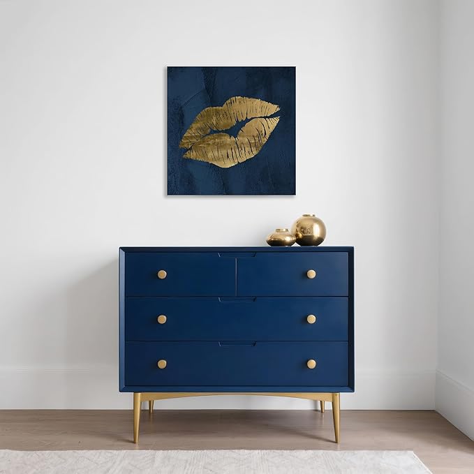 Navy Blue and Gold Wall Decor Fashion Lip Canvas Wall Art Glam Lip Poster Sexy Painting Designer Picture for Bedroom Bathroom Makeup Room Decoration 24x24Inch