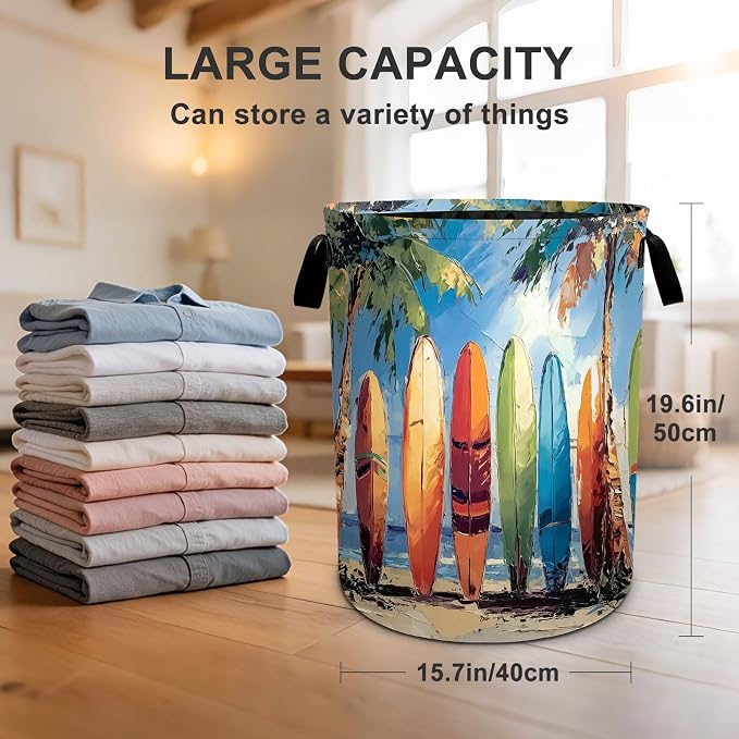 Surfboard Laundry Basket Waterproof Laundry Hamper Foldable Laundry Bag with Handles for Bedroom, Bathroom, Office, Clothes Storage