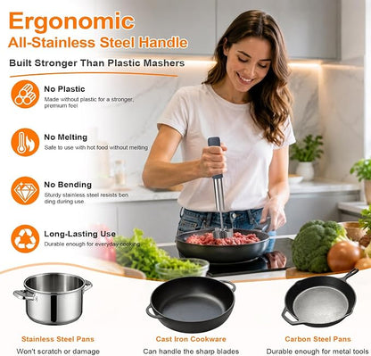 Palksky Stainless Steel Meat Chopper with 6 Wide Blades, Heavy Duty Ground Beef Masher & Meat Smasher Tool, Heat Resistant Silicone Handle Hamburger Smasher for Cast Iron & Metal Pans