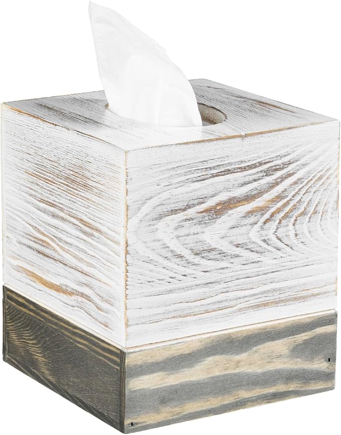 MyGift Coastal Chic Square Tissue Box Cover, Two-Tone Whitewashed Solid Wood Facial Tissue Box Dispenser Cover with Vintage Graywashed Base and Easy Slide-Out Bottom Panel, 5.5 x 5.5 x 6.3 Inches