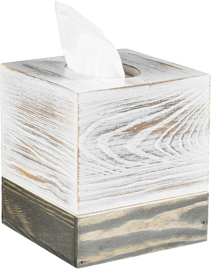 MyGift Coastal Chic Square Tissue Box Cover, Two-Tone Whitewashed Solid Wood Facial Tissue Box Dispenser Cover with Vintage Graywashed Base and Easy Slide-Out Bottom Panel, 5.5 x 5.5 x 6.3 Inches