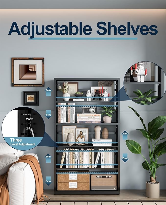 METALOONG 5-Cube Tall Bookshelf, Adjustable Metal Bookcase with Anti-Tip Kit & Leveling Feet, Heavy-Duty Home Storage Organizer, Modern Display Shelves for Books, Toys, CD