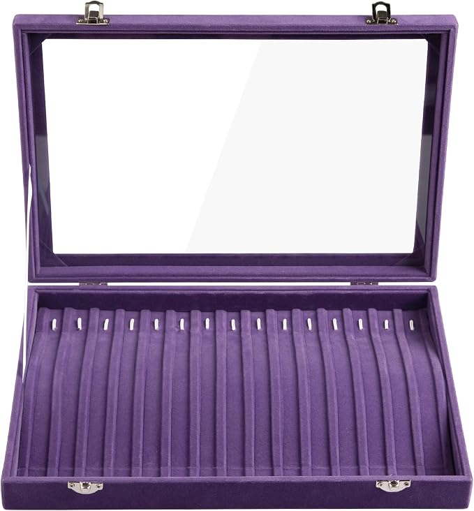 Frebeauty 15 Hooks Necklace Tray Velvet Neckalce Organizer with Clear Lid Lockable Necklace Holder Box Jewelry Organizer for Pendants Chains Necklace Jeweley Tray for Women (Purple)