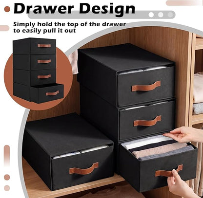 Windyun 4 in 1 Stackable Storage Drawers Closet Organizer with Dividers for Socks Underwear Bras Scarves Ties Large Dresser Organizer Bins Foldable Clothes Storage Boxes, 12 x 15 x 6 Inch(Black)