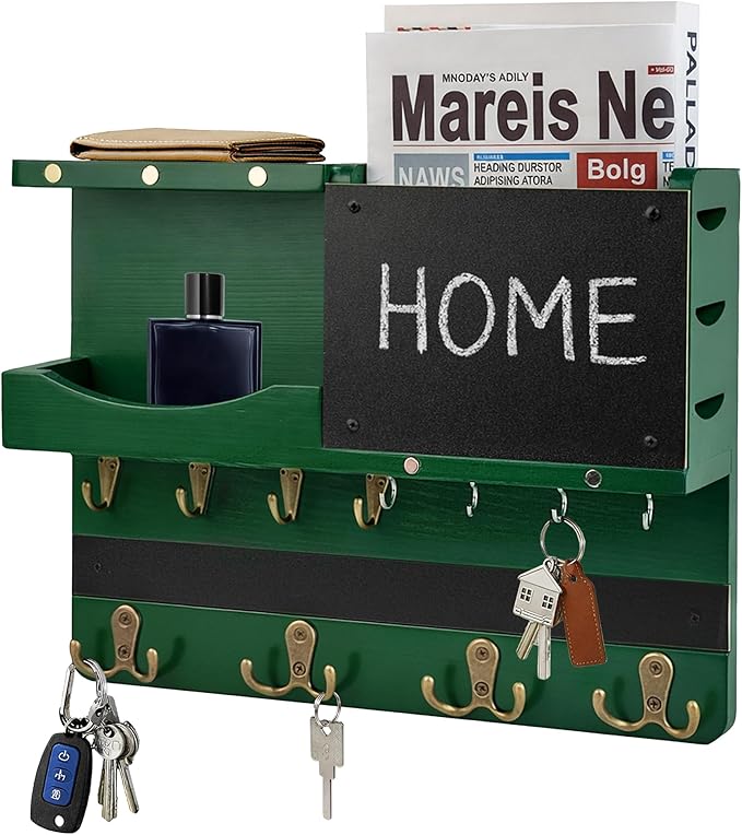 Key Holder for Wall Mount with Shelf and Mail Organizer, Key and Mail Holder with 16 Hooks, Farmhouse Entryway Organizer, Home Decor Rack (Pine Wood,Green)