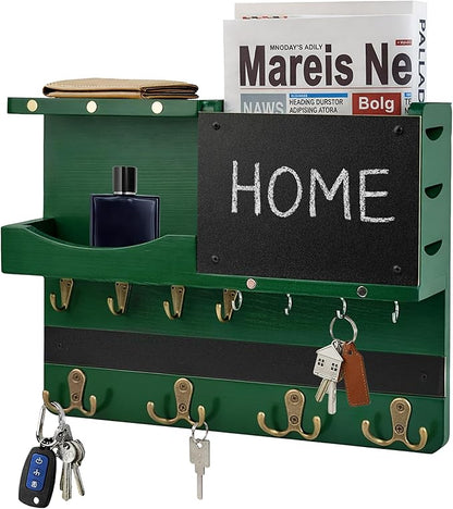 Key Holder for Wall Mount with Shelf and Mail Organizer, Key and Mail Holder with 16 Hooks, Farmhouse Entryway Organizer, Home Decor Rack (Pine Wood,Green)