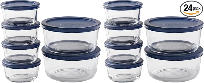 Anchor Hocking 12 Piece Glass Storage Containers with Lids (6 Glass Food Storage Containers & 6 Navy Blue SnugFit Lids) (Pack of 2)