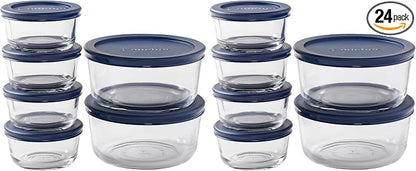 Anchor Hocking 12 Piece Glass Storage Containers with Lids (6 Glass Food Storage Containers & 6 Navy Blue SnugFit Lids) (Pack of 2)