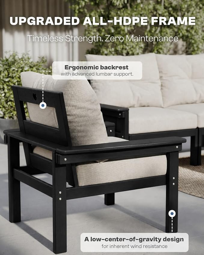 HDPE Patio Sofa Set, 4-Piece Sectional Outdoor Patio Furniture Set, All Weather Outdoor Couch Set with Coffee Table & Beige Washable Thick Cushions for Balcony, Porch(Black Frame)