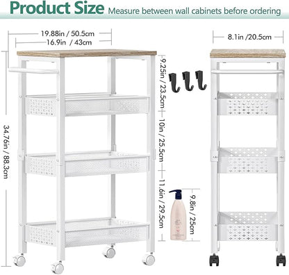 Vivihomety Utility Slim Storage Cart with Wheels, 4 Tier Small Rolling Cart with Wood Top, Metal Kitchen Bathroom Laundry Room Organization Trolley with Handle for Narrow Space - White