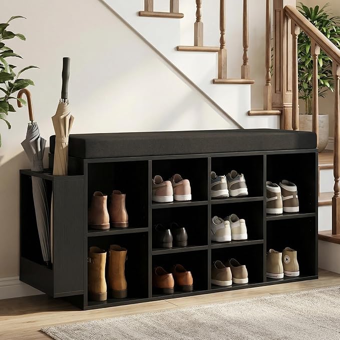 Tangkula Shoe Storage Bench with Umbrella Holder, 40" Shoe Organizer with Cushioned Seat, 10 Cubbies & Adjustable Shelves, Wooden Industrial Shoe Rack for Entryway, Living Room, Bedroom (Black)
