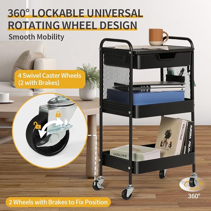 CRUDATE 3-Tier Rolling Cart with Drawer, Metal Utility Storage Cart Organizer with Lockable Wheels&Hanging Cups&Hooks, Mobile Storage Craft Carts Trolley with Mesh Shelves for Kitchen, Office-Black