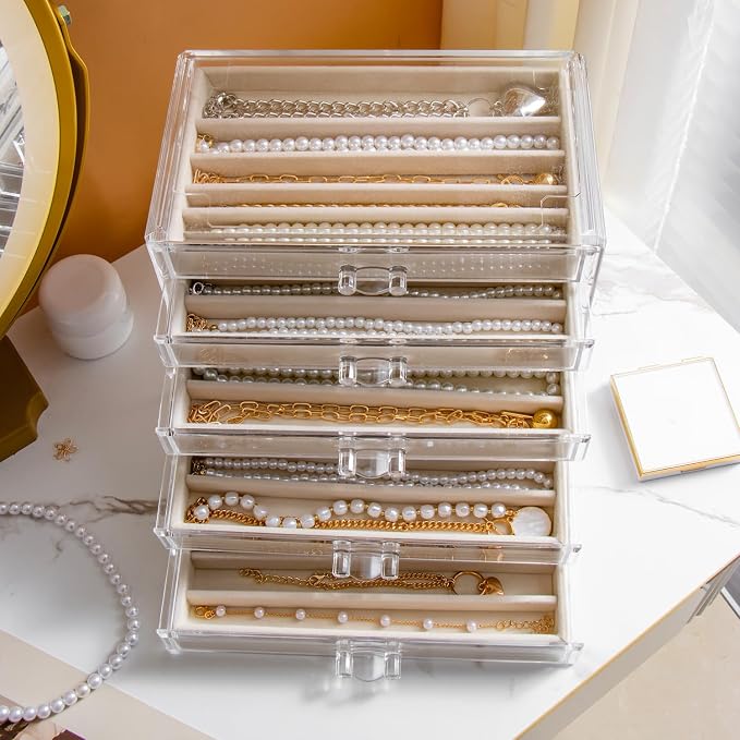 YUFONG Necklace Holder Organizer, Dustproof Necklace Box Velvet Necklace Organizer Box with Lid Clear Acrylic Dustproof Stackable Jewelry Displays for Necklaces Chain Display (Beige, 5 Drawer)