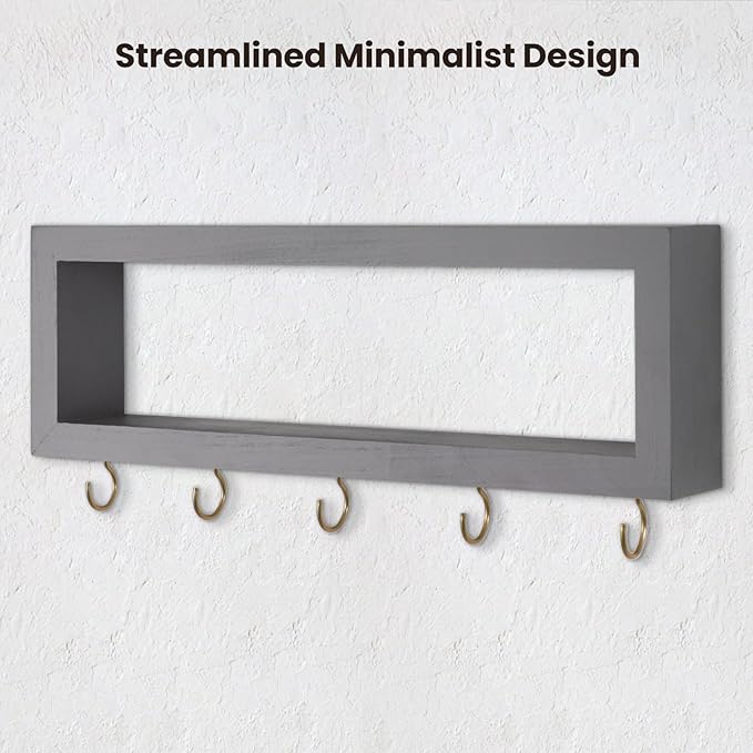 Wall Shelf with Hooks - Decorative Key and Wallet Holder for Wall Holds Sunglasses, Leashes, Scarves and Lanyards - 15.7" x 5.1" x 2.9" Entryway Organizer Made of Paulownia Wood (Gray)