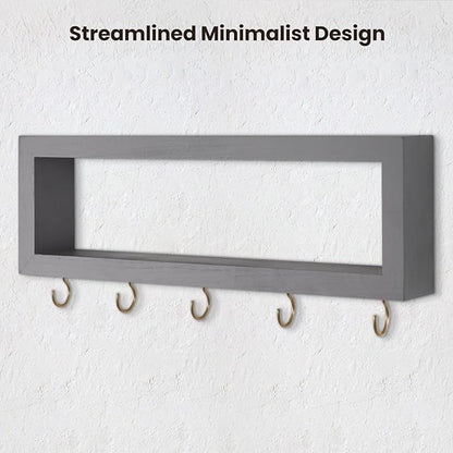 Wall Shelf with Hooks - Decorative Key and Wallet Holder for Wall Holds Sunglasses, Leashes, Scarves and Lanyards - 15.7" x 5.1" x 2.9" Entryway Organizer Made of Paulownia Wood (Gray)