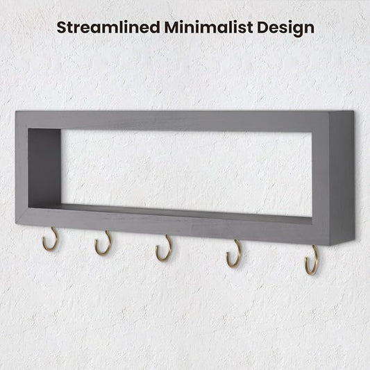 Wall Shelf with Hooks - Decorative Key and Wallet Holder for Wall Holds Sunglasses, Leashes, Scarves and Lanyards - 15.7" x 5.1" x 2.9" Entryway Organizer Made of Paulownia Wood (Gray)