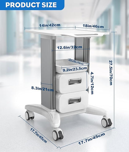 Medical Cart 3 Tiers, Lab Utility Cart with 2 Drawers & 1 Top Tray, ABS Mobile Medical Trolley Cart, Hospital Mobile Ultrasound Cart with 4 Silent Wheels for Dental Clinic, Beauty Salon, 220 LBS