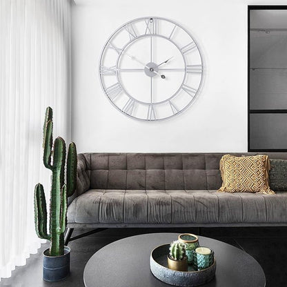 LEIKE 32" Large Modern Wall Clocks,Vintage,Round,Nearly Silent,Little Ticking,Battery Operated,Silver Metal Roman Numerals Clock for Living Room/Bedroom/Kitchen Wall Decor