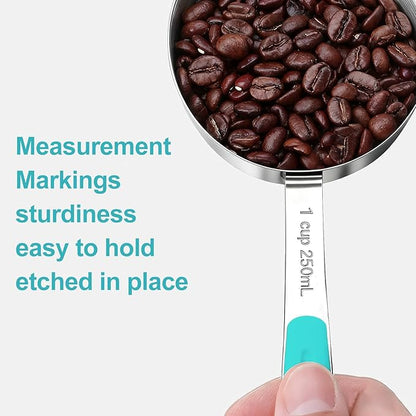 Measuring Cups and Spoons Set Stainless Steel 10 Piece for Cooking and Baking (5 Cups + 5 Spoons, Aqua Sky Handle)