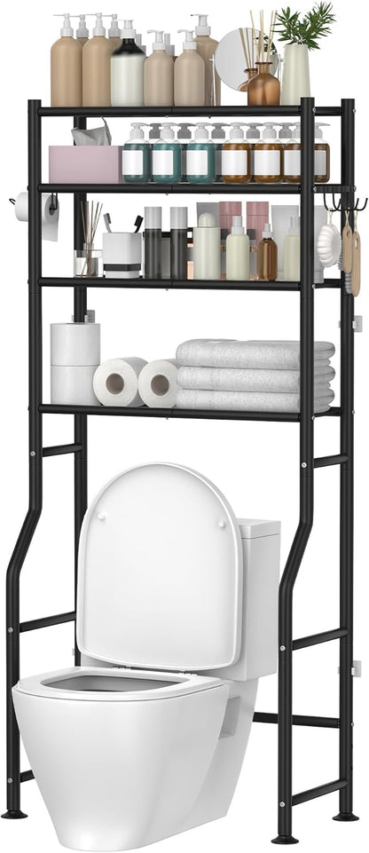 4-Tier Over The Toilet Storage, Space Saver Metal Bathroom Shelves, Freestanding Above Over Toilet Storage Shelf with 4 Hooks for Bathroom, Black