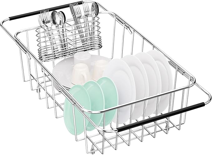 Fanbsy Small Dish Drainer Rack in Sink Adjustable, Expandable Stainless Steel Metal Dish Drying Rack Organizer with Stainless Steel Utensil Holder Over Inside Sink Counter, Rustproof(for 1-2 People)