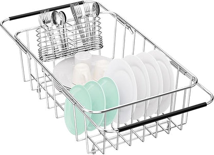 Fanbsy Small Dish Drainer Rack in Sink Adjustable, Expandable Stainless Steel Metal Dish Drying Rack Organizer with Stainless Steel Utensil Holder Over Inside Sink Counter, Rustproof(for 1-2 People)