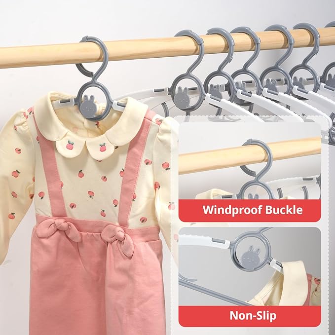 Adjustable 20 PCS Plastic Baby Hangers for Closet, Stackable & Non-Slip Baby Hangers, Hanger for Toddler Kid Children Infant Teen, Grey Extendable Kid Hanger