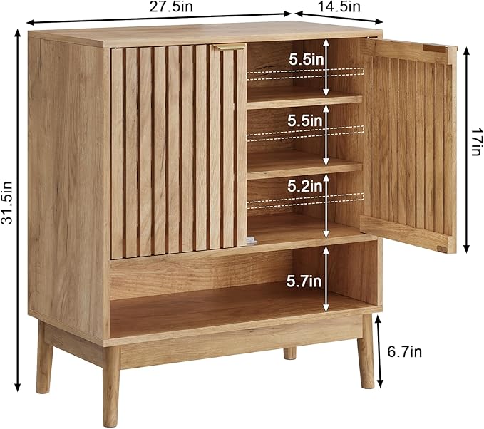 Shoe Cabinet with Slatted Doors, Freestanding Shoe Cabinet Storage for Entryway, 4-Tier Entryway Shoe Organizer Cabinets with Shelves (Oak, 27.6" Wide)