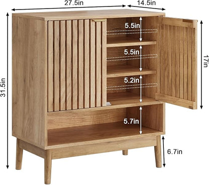 Shoe Cabinet with Slatted Doors, Freestanding Shoe Cabinet Storage for Entryway, 4-Tier Entryway Shoe Organizer Cabinets with Shelves (Oak, 27.6" Wide)