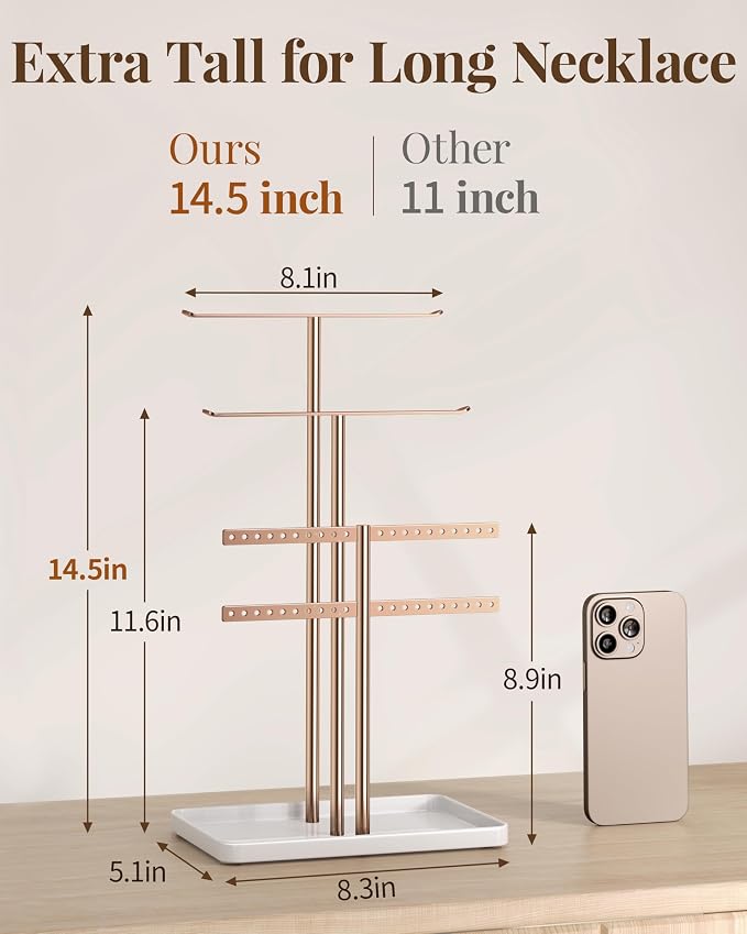pickpiff Rose Gold Jewelry Stand Holder Organizer: 14.5" Sturdy Hanger for 80 Pcs Jewelry, Jewlery Tower for Display Necklace, Earring, Bracelet, Watch