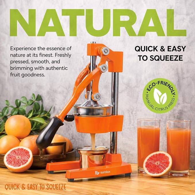 Eurolux Ultra-Premium Cast Iron Juicer | Extra-Large, Heavy Duty, Commercial Grade, Stainless Steel Manual Hand Press Citrus Squeezer For Fresh Orange Juice, Pomegranate, Lemon, and Much More (Orange)