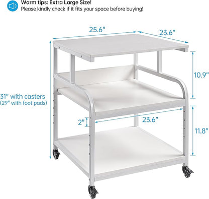 Fannova Printer Stand, 25.6" x 23.6" x 30.9" Extra Large Printer Table with Adjustable Storage Shelf, 3 Tier Rolling Printer Cart with Industrial Wheels for Home Office, White