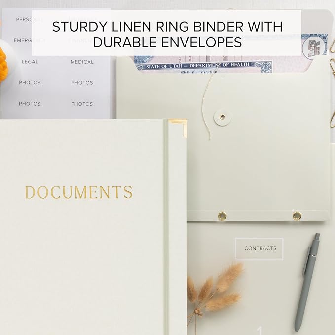 Important Document Organizer Set with Folders - Complete Linen Ring Binder Set Safely Stores All Documents & Files in One Place - Easy to Use Expanding Storage Incl. Envelopes, Pockets & Labels