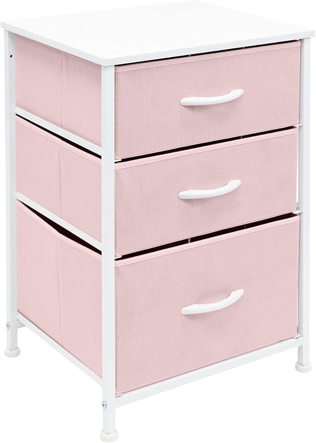 Sorbus Nightstand with 3 Drawers - Furniture Storage Chest Tower Unit for Bedroom, Hallway, Closet, Office Organization - Steel Frame, Wood Top, Pastel Fabric Bin (Pink)
