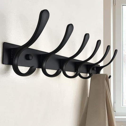 SKOLOO Heavy Duty Wall Mounted Coat Rack - 6 Hooks, Stainless Steel, Pack of 2, Sturdy Coat Hooks for Hanging Clothes, Jacket, Hat, Black